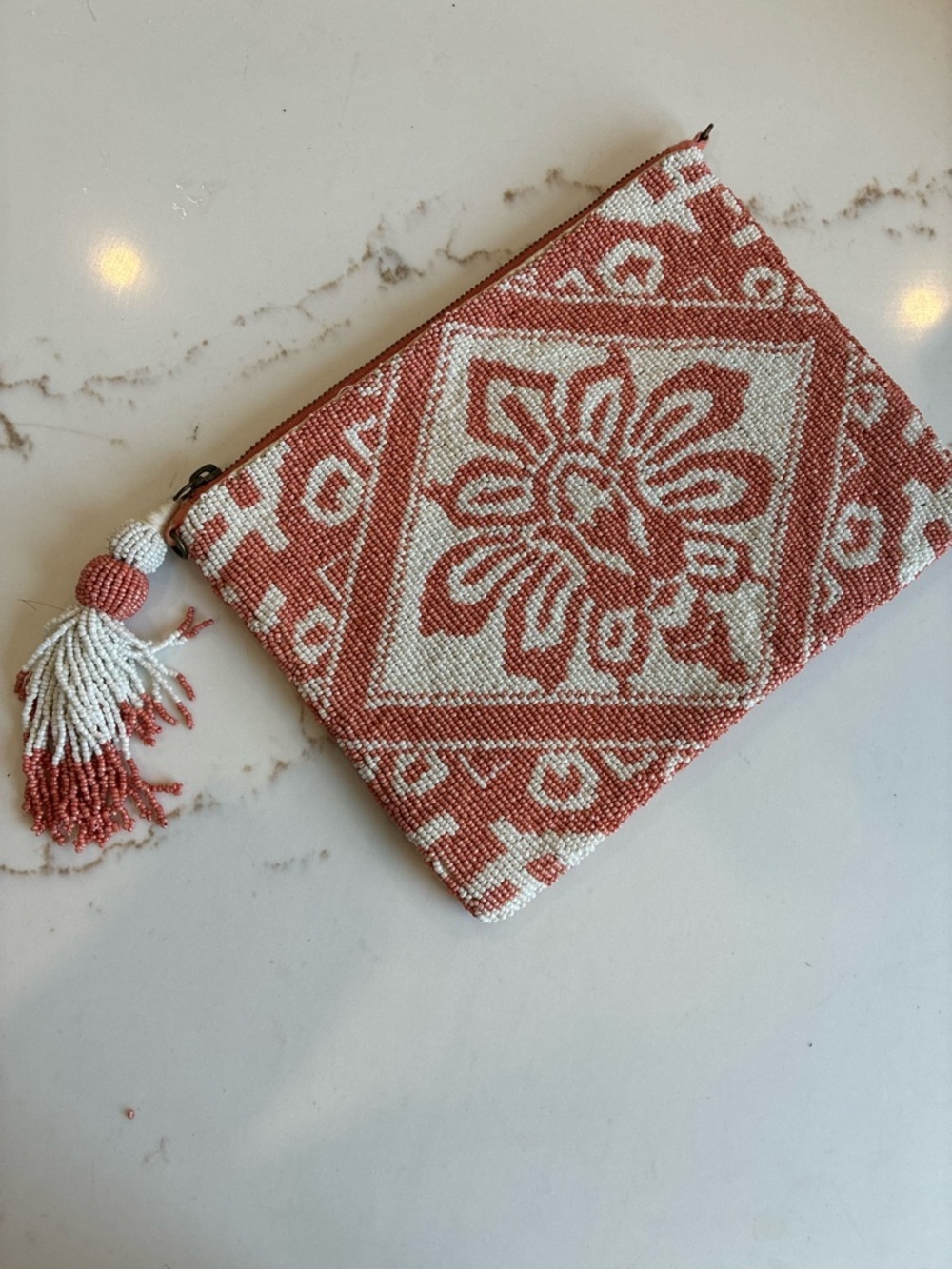 Anthropologie Beaded Floral Pouch in Coral and White with Tassel